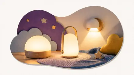 Tre natlamper med blødt lys som bordlampe, bærbar lampe og væglampe