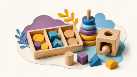 Montessori-inspireret sorteringsbakke, stable-ringe, puttekasse og træklodser